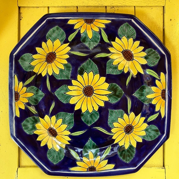 Talavera Pottery Hand Painted Mexico Yellow Blue Sunflowers Flower Square Plate - Picture 1 of 6
